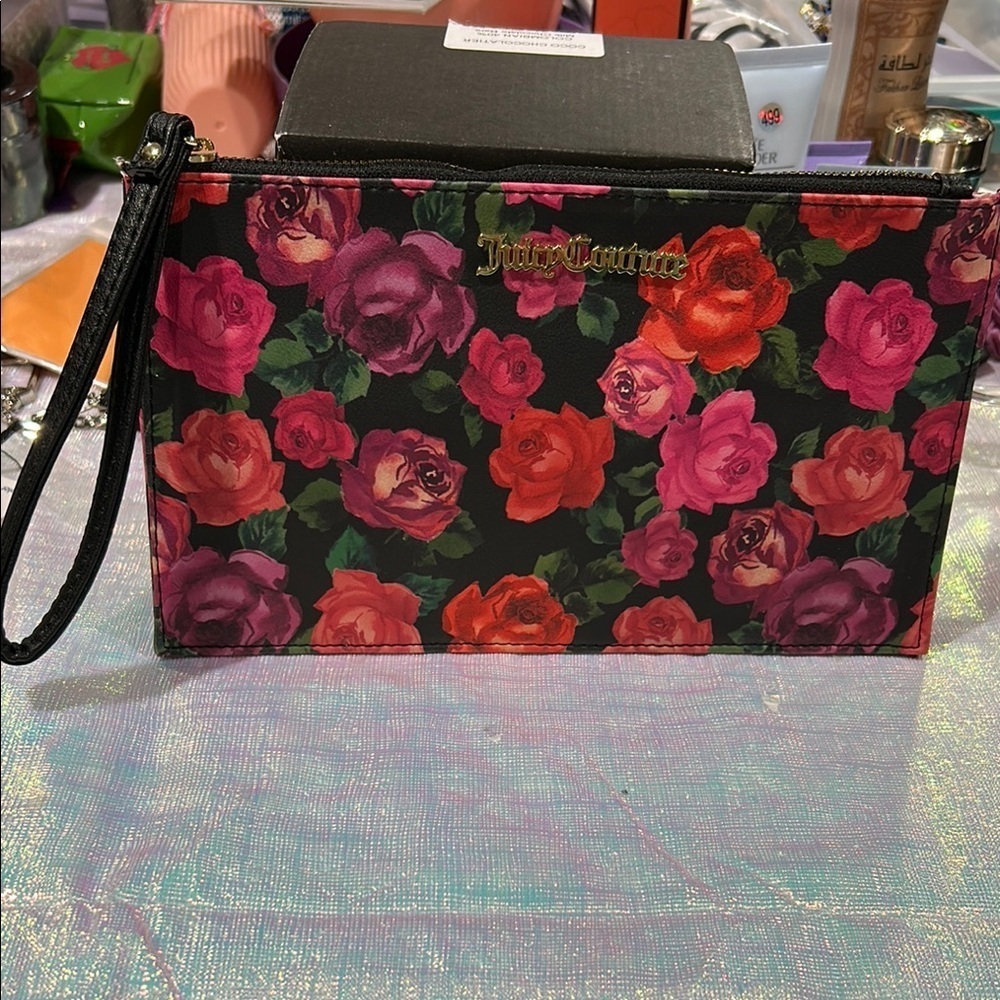 687. Juicy Couture Black and Pink Floral Clutch Wristlet